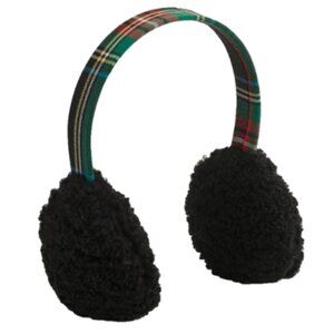 NEW J.Crew Stewart Plaid Faux Fur Earmuffs BLACK Faux Shearling O/S NWT K6402